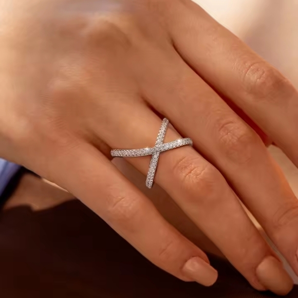Anthropologie Silver Crystal X Crossover Ring - Picture 3 of 4